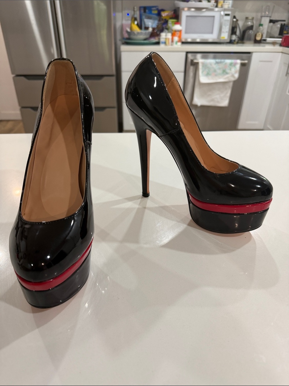 Patent Black Platform Stiletto Pumps with Red Accent 👠